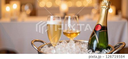 Elegant champagne bottle in ice bucket at wedding reception, celebration Elegant champagne bottle in ice bucket at wedding reception, celebration 126719384