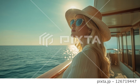 An Elegant Woman is Delighting in a Picturesque Scenic Ocean View while Relaxing on a Luxurious Yacht An Elegant Woman is Delighting in a Picturesque Scenic Ocean View while Relaxing on a Luxurious Yacht 126719447