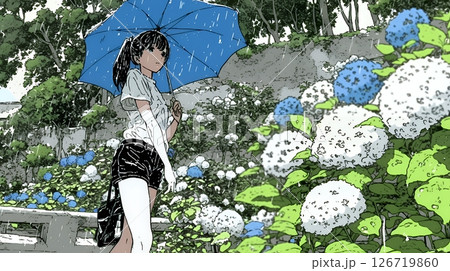 アジサイと梅雨の長雨と若い女性