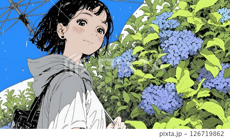 アジサイと梅雨の長雨と若い女性
