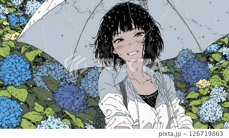 アジサイと梅雨の長雨と若い女性