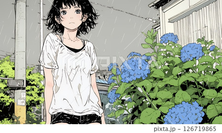 アジサイと梅雨の長雨と若い女性