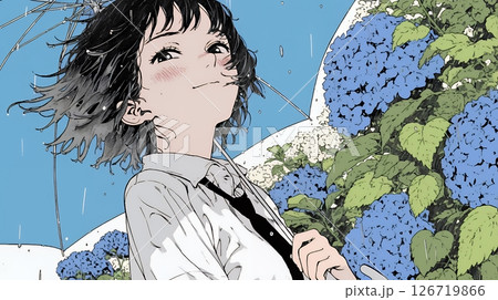 アジサイと梅雨の長雨と若い女性