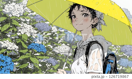 アジサイと梅雨の長雨と若い女性