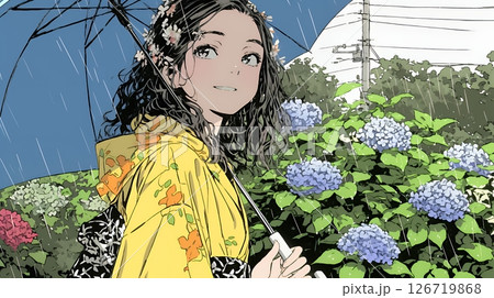 アジサイと梅雨の長雨と若い女性