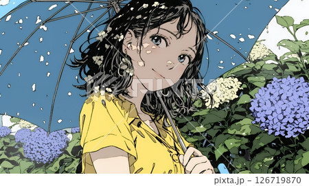 アジサイと梅雨の長雨と若い女性