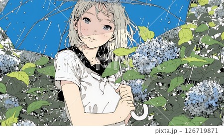 アジサイと梅雨の長雨と若い女性