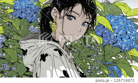 アジサイと梅雨の長雨と若い女性