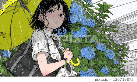 アジサイと梅雨の長雨と若い女性