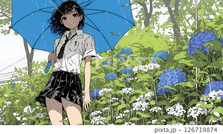アジサイと梅雨の長雨と若い女性