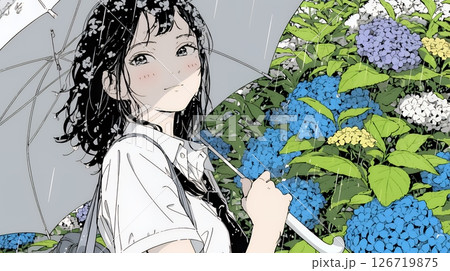 アジサイと梅雨の長雨と若い女性