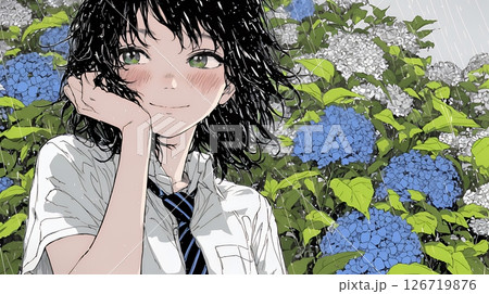 アジサイと梅雨の長雨と若い女性