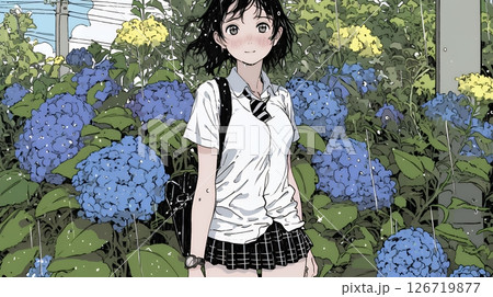 アジサイと梅雨の長雨と若い女性