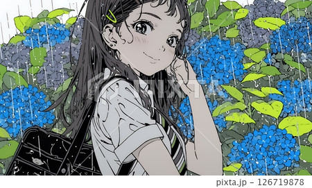 アジサイと梅雨の長雨と若い女性