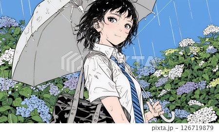 アジサイと梅雨の長雨と若い女性