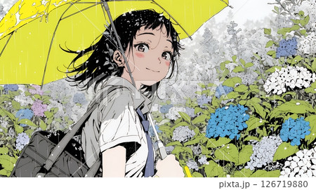 アジサイと梅雨の長雨と若い女性