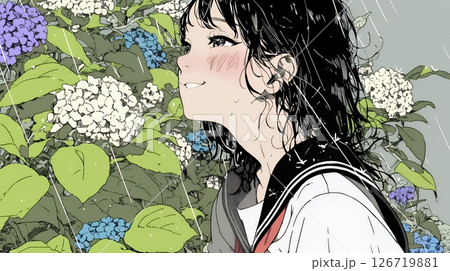 アジサイと梅雨の長雨と若い女性
