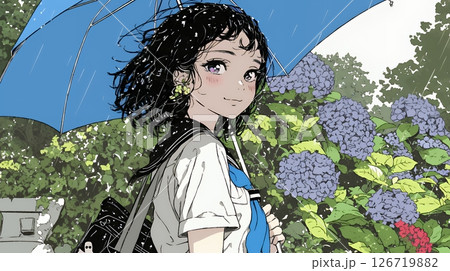 アジサイと梅雨の長雨と若い女性
