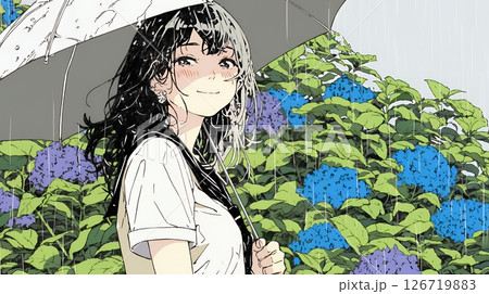 アジサイと梅雨の長雨と若い女性