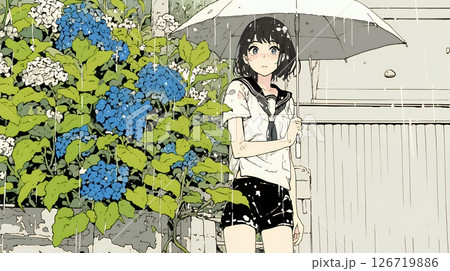 アジサイと梅雨の長雨と若い女性