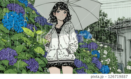 アジサイと梅雨の長雨と若い女性