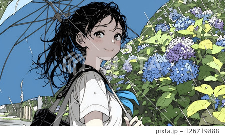 アジサイと梅雨の長雨と若い女性