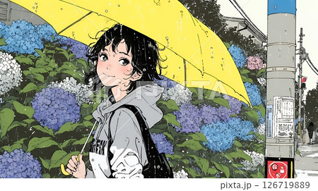 アジサイと梅雨の長雨と若い女性