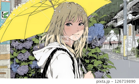 アジサイと梅雨の長雨と若い女性