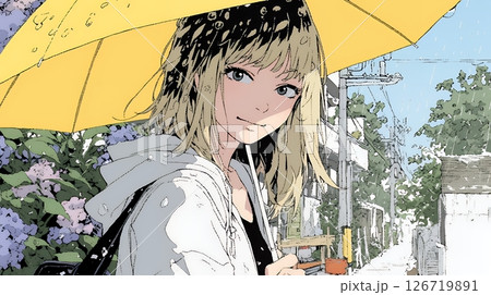 アジサイと梅雨の長雨と若い女性