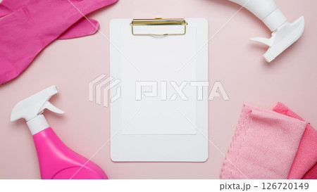 Household cleaning and hygiene concept. Mock up clipboard. Pink cleaning supplies including rubber gloves, spray bottle, microfiber cloths 126720149