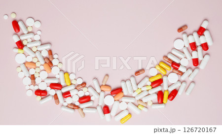 Concept of healthcare and medicine. Various medication tablets and capsules 126720167