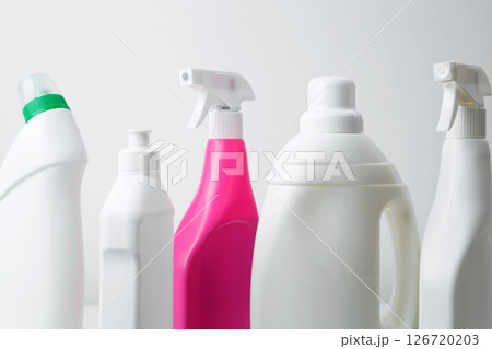 Various cleaning supplies branding mockup, symbolizing spring cleaning. Household cleaning and hygiene concept concept 126720203