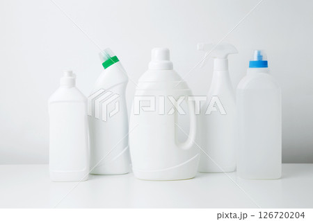 Various cleaning supplies branding mockup, symbolizing spring cleaning. Household cleaning and hygiene concept concept 126720204