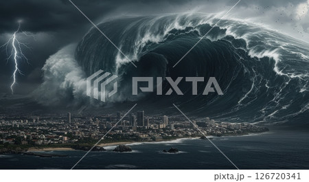 Massive, destructive mega tsunami wave towering over a coastal city under a stormy sky Massive, destructive mega tsunami wave towering over a coastal city under a stormy sky 126720341