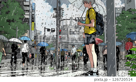 雨の中、黙々と通勤・通学をする人々