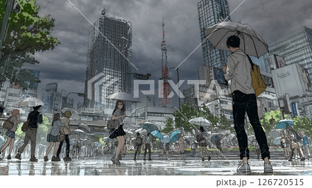 雨の中、黙々と通勤・通学をする人々