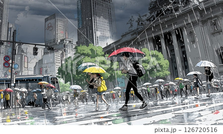 雨の中、黙々と通勤・通学をする人々