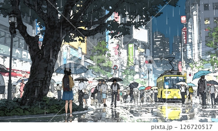 雨の中、黙々と通勤・通学をする人々