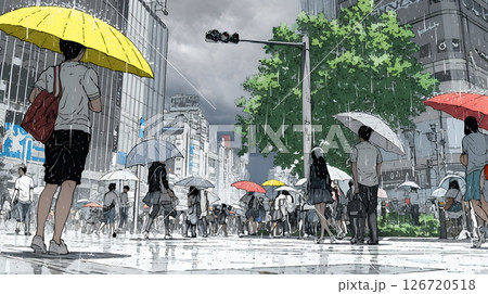 雨の中、黙々と通勤・通学をする人々
