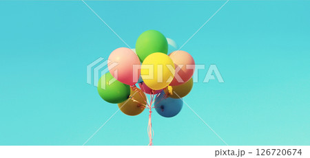 Bunch of multicolor balloons flying on blue sky background Bunch of multicolor balloons flying on blue sky background 126720674