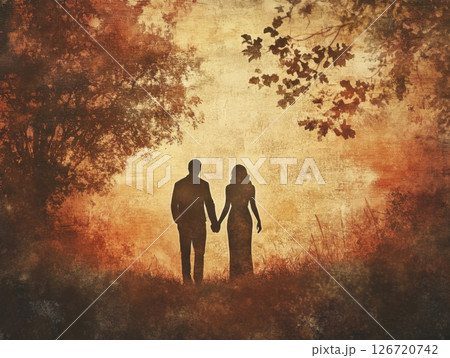Romantic couple holding hands in a serene, warm-toned setting, evoking feelings of love and nostalgia 126720742