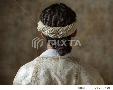 Traditional Jewish peyot hairstyle captured in a serene and respectful setting 126720756