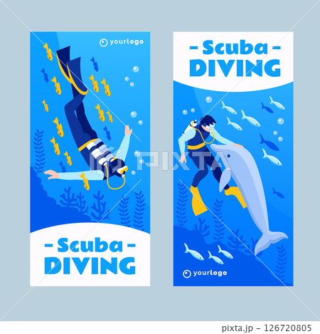 Isometric Scuba Diving Banner vertical Set 126720805