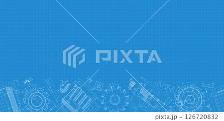 Mechanical engineering drawings on blue background. Cutting tools, milling cutter. Technical Design. Cover. Blueprint. Horizontal seamless pattern. Vector illustration. 126720832