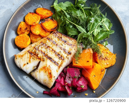 A vibrant plate of grilled fatty fish, root...のイラスト素材 [126720900] - PIXTA