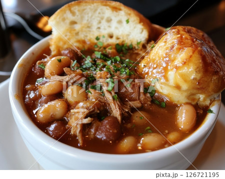 Smoky BBQ-inspired soup with pulled pork, baked beans, and a tangy sauce, capturing the essence of Southern cuisine 126721195