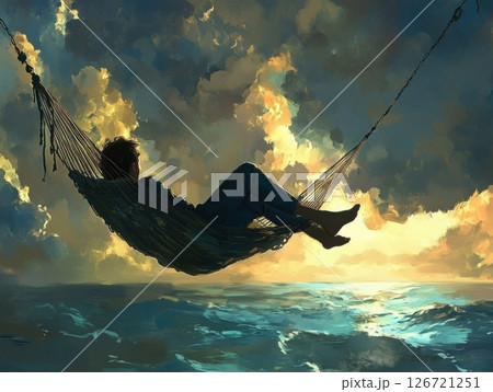 Person relaxing on hammock by the sea, enjoying peaceful bliss 126721251