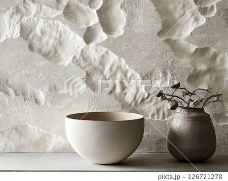 Embossed textured wallpaper on wall adding depth and tactile interest to modern interior space 126721278