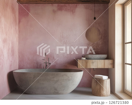 Limewash textured wall adding depth and organic uniqueness to modern interior design 126721380