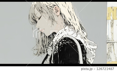 雨の中を傘をささずに歩く若い女性